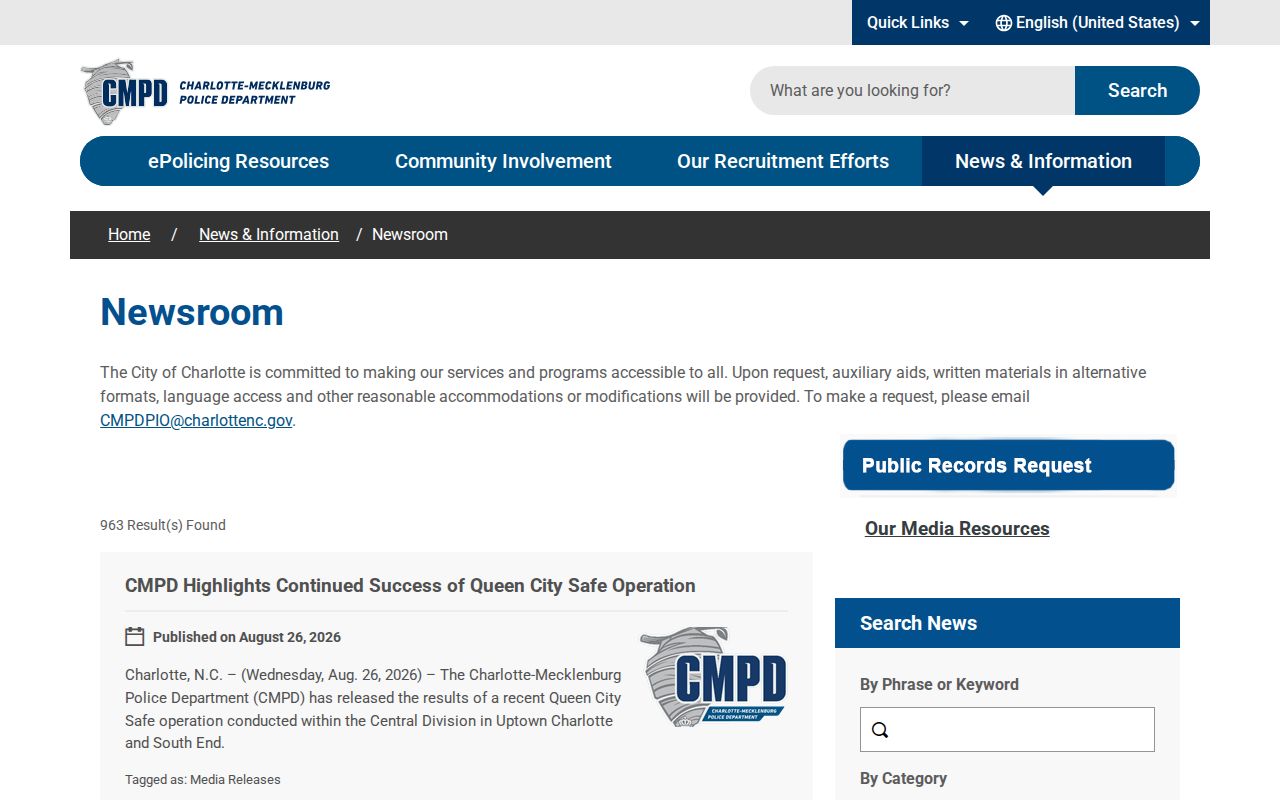 Charlotte CMPD official newsroom for arrest and public safety releases